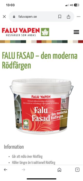 Hink med Falu Vapen Falu Fasad färg, marknadsförd som det moderna alternativet till traditionell röd färg, står mot vit bakgrund.