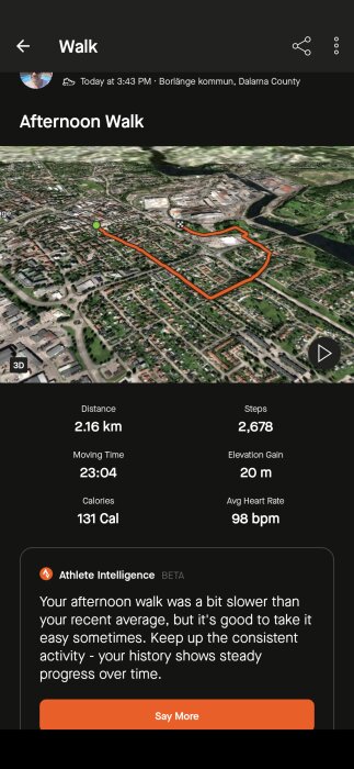 Satellitbild av Borlänge med markerad promenadslinga, distans 2,16 km, steg 2,678, höjning 20 m, snittpuls 98 bpm, 131 kalorier brända.