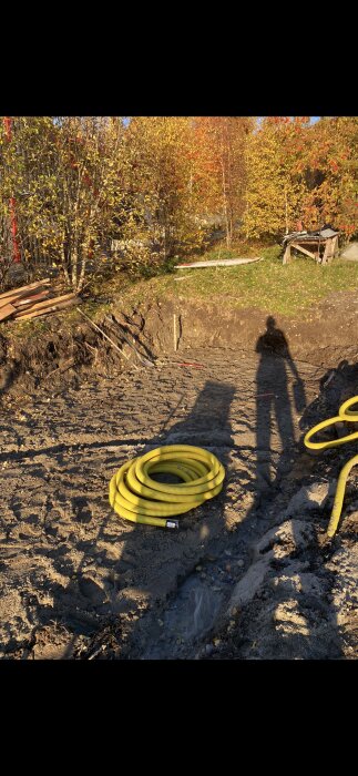 Schattring för växthus med gul dräneringsslang, våt lerjord och vattenpöl efter regn. Skuggor av träd och verktyg syns intill.