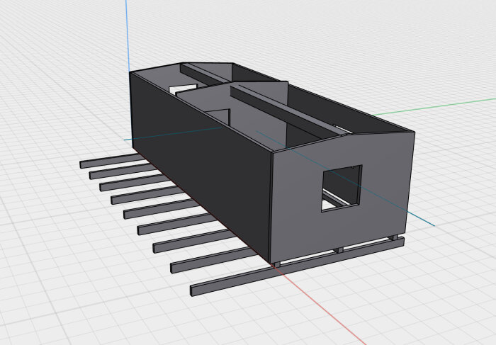 3D-modell av sommarstuga med tvärgående balkar under för att skapa en fribärande konstruktion, utan upplag under huset.