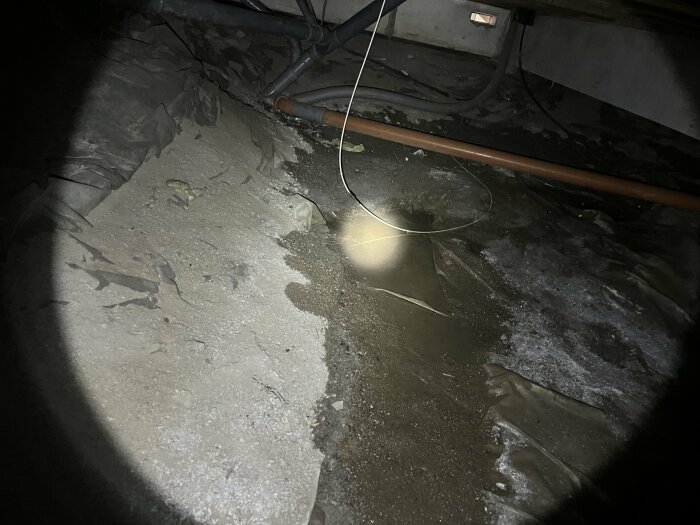 Vattenpöl på golvet i krypgrund, upplyst av ficklampa. Omgiven av rör och grusig yta. Trådfråga om åtgärder mot vattenansamling.