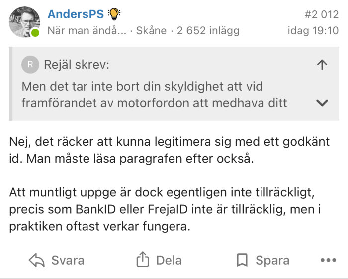 Diskussionstråd på forum om ID-krav vid körning.