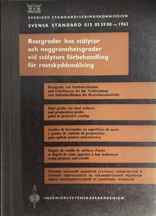 Framsidan av en standarddokument från Sveriges Standardiseringskommission om rost- och beredningsgrader för stål vid rostskyddsmålning.