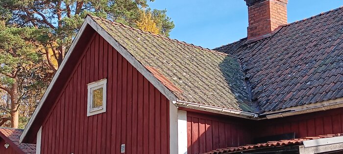 Rött hus med tegeltak och skorsten, omgiven av träd. Taket verkar ha mossa vilket kan antyda behov av renovering eller ventilation.