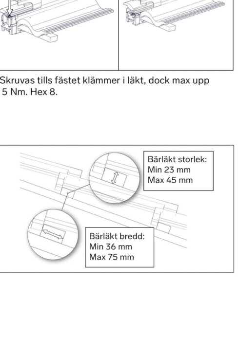 Illustration av monteringssystem för solceller visar mått för bärläkt: minsta storlek 23 mm, max 45 mm, och bredd min 36 mm, max 75 mm.