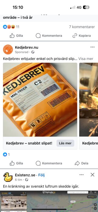 Orange paket från Kedjebrev.nu med text "MAIL ORDER" och streckkod, del av annons på Facebook.