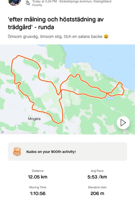 Karta över löprunda nära Möjltorp, Mogata med en distans på 12,05 km och 206 m höjdökning, efter trädgårdsarbete enligt rubriken.