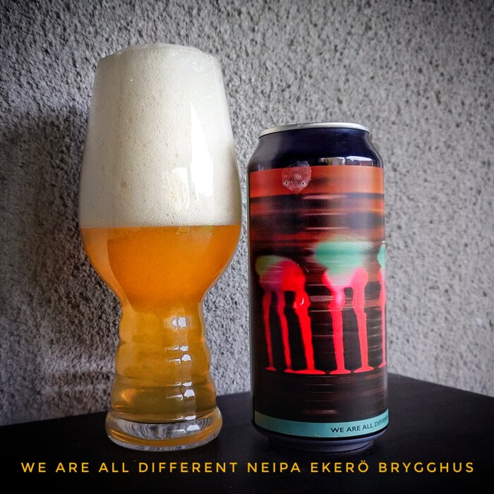 Glas med skummande öl bredvid en burk med etikett "We Are All Different NEIPA Ekerö Brygghus".