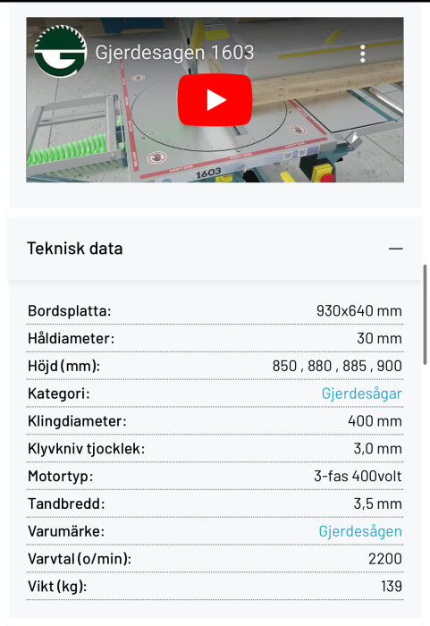 Bild av Gjerdesagen 1603 med teknisk data, inklusive klingdiameter 400 mm, varvtal 2200, och vikt 139 kg.