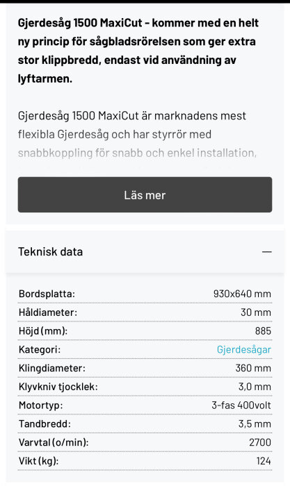 Produktinformationsblad för Gjærsag 1500 MaxiCut, inklusive tekniska data och egenskaper som klingdiameter och varvtal.