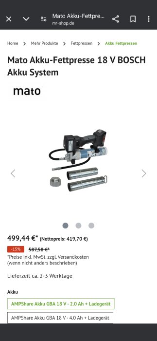 Mato Akku-Fettpresse 18 V med cylindrar och tillbehör, pris 499,44 €, visas på en produktsida.