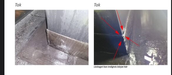 Två bilder visar taket vid skorstenens bas med misstänkt läckage; den ena med röda pilar som indikerar möjlig startpunkt för läckan.