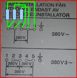 Schema för elektrisk installation med olika kopplingsalternativ för 380V, med varningar om att installationen endast ska utföras av behörig elinstallatör.