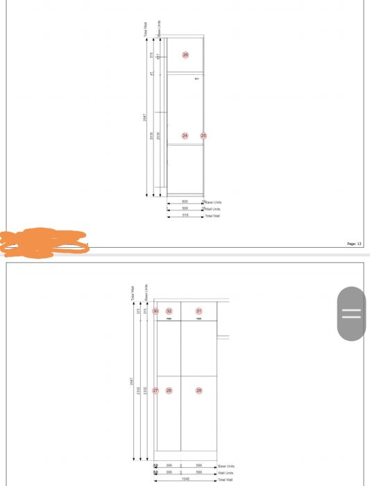 Skiss av köksplanlösning med mått och placering av högskåp och väggskåp i ett kök på cirka 8-9 kvm.