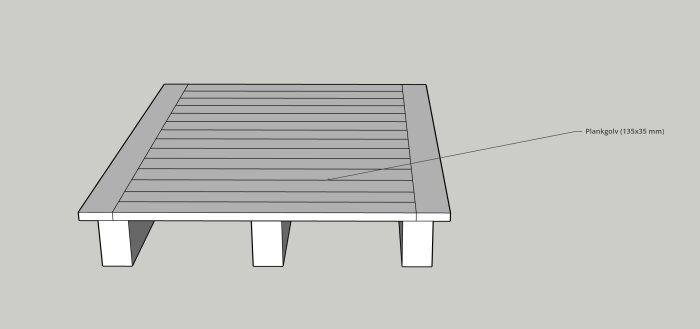 Illustration av ett träplankgolv med måtten 135x35 mm ovanpå bjälklag, i samband med ett byggprojekt för att lägga klinkers med golvvärme i en hall.