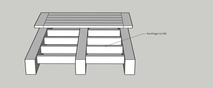 Illustration av en golvkonstruktion med plankgolv och kortlingar (cc30) under, används i plan för klinkerläggning i hall.