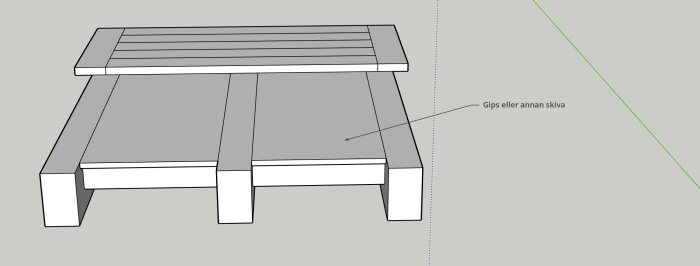 En 3D-modell av ett golv med plankor och två skivor av gips eller annat material på kortlingar.