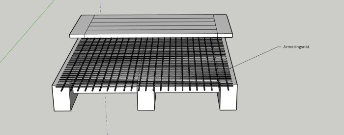 Illustration av konstruktion med armeringsnät på bjälklag, del av plan för att lägga golvvärme och klinker i hall.