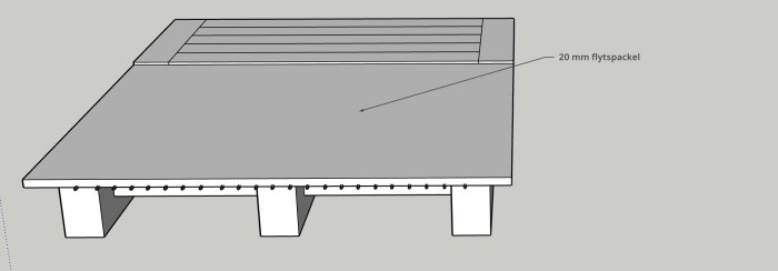 Illustration av golvkonstruktion med flytspackel 20 mm, kortlingar och bjälklag. Visar en metod för klinkerläggning med plats för golvvärme.