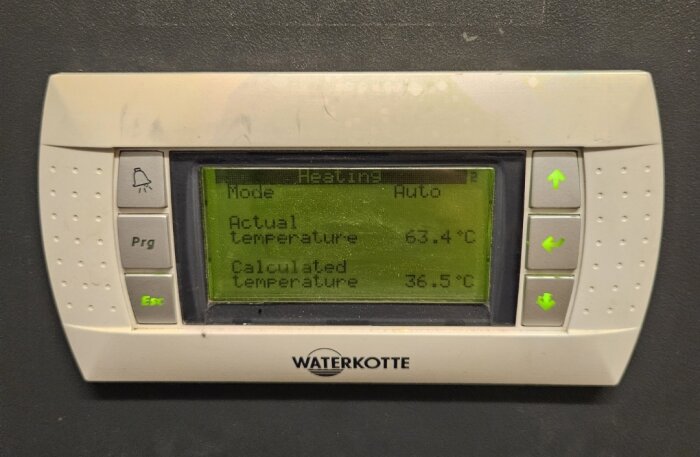 Termostatens display visar aktuell temperatur 63,4°C och beräknad temperatur 36,5°C i värmepumpen Waterkotte DS 5037.3 T.