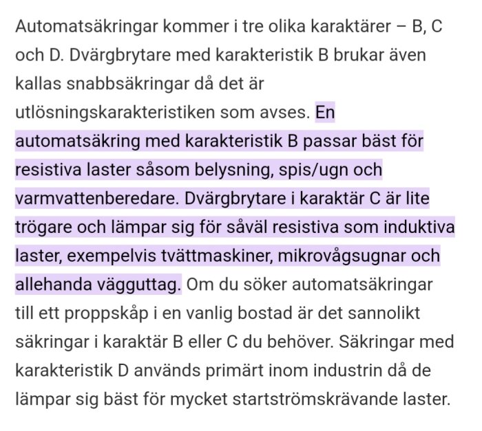 Text om automatsäkringars olika karaktärer och deras användningsområden.