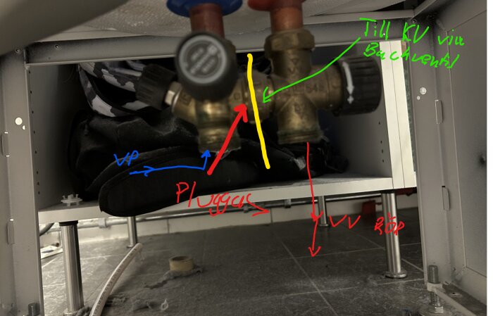 Ventilinstallation under diskbänk med markeringar för inkoppling, inkluderar instruktioner för pluggning och anslutning till kallvatten via backventil.