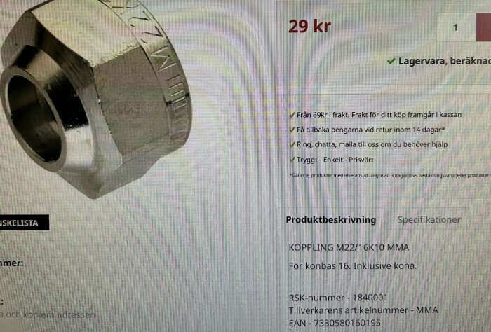 Bild på en koppling M22/16x10 MMA med produktbeskrivning och pris, 29 kr, synlig på en webbplats.