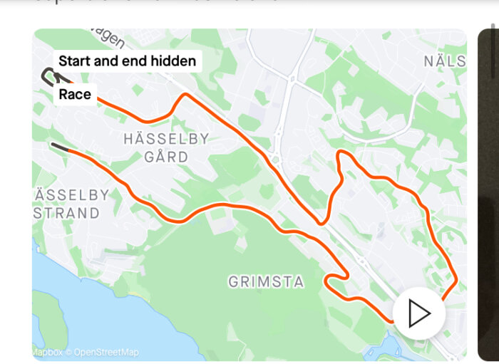 Karta över löprutt genom områdena Hässelby Gård och Grimsta, start och mål dolda.