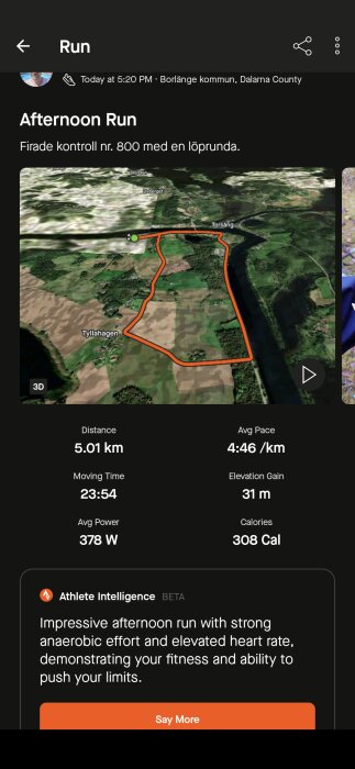 Skärmbild av löprunda i Borlänge, Dalarna, med karta och statistik: 5,01 km, 4:46 min/km, 23:54 min, 31 m höjd, 378 W, 308 kalorier.