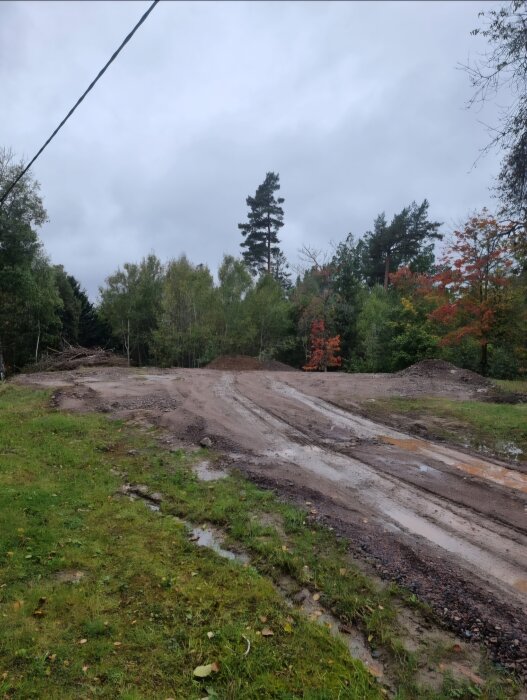 Ojämn och lerig väg på en villatomt, omgiven av träd och gröna områden, med regn som syns i vattenpölar på marken.