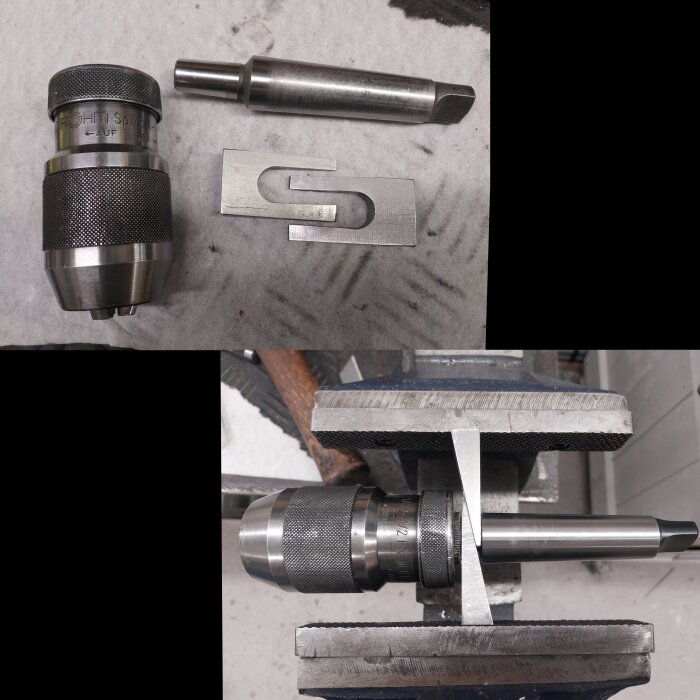 Röhm Spiro-chuck och hemmagjorda kilar, böjt dorn i skruvstycke, verktygstillverkning, bearbetning av metall, verkstadsmiljö.