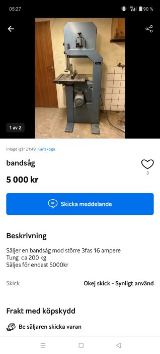 Bandsåg LBS470 med 470mm diameter hjul, stående på golv i ett rum med kaklade väggar. 3-fas, 16 ampere, säljes för 5000 kr, vikt ca 200 kg.