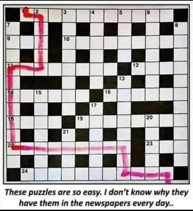 Bild på ett korsord med en rosa väg genom rutorna och texten: "These puzzles are so easy. I don’t know why they have them in the newspapers every day.