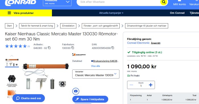 Produktbild av Kaiser Nienhaus Classic Mercato Master 130030 rörmotor, 60 mm, 30 Nm, med olika komponenter och en prisuppgift på 1090 kr.