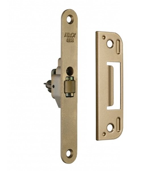 Rullås av märket Abloy, modell 4238, visas tillsammans med motsvarande låsdel i guldnyans.