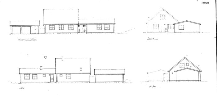 Ritning av 70-tals hus, visar både framsida och baksida med detaljer som dubbelgarage och sadeltak.