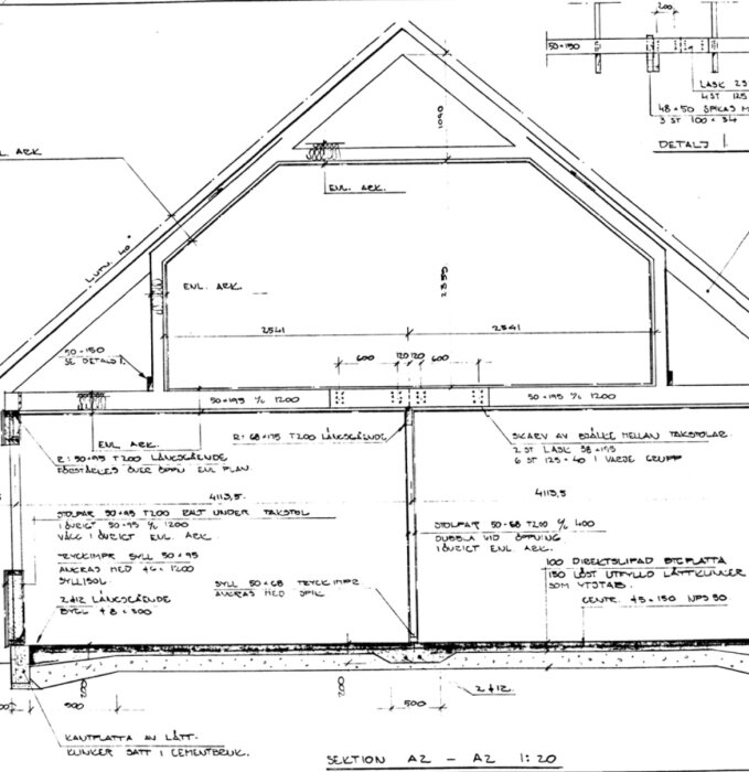 Ritning av ett 70-tals hus med detaljerad genomskärning av grundkonstruktion och ytterväggar, inklusive lättklinker och betongplatta.