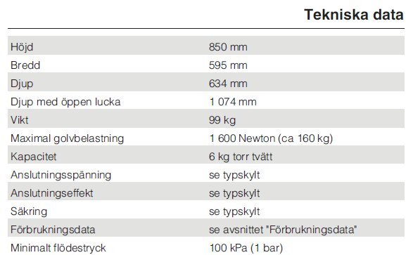 Tekniska data för Miele W 4146 tvättmaskin, inklusive mått, vikt och maximal golvbelastning.