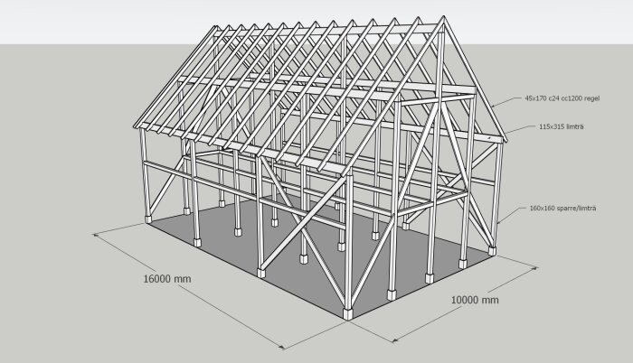 3D-modell av en trästomme med dimensioner; 16000x10000 mm, visar reglar och limträ i olika storlekar.