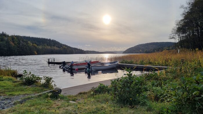 Sjölandskap i solnedgång med småbåtar vid en brygga, omgiven av grönska och skogsklädda berg i bakgrunden.