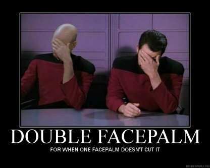 Två personer i uniformer sitter och gör en dubbel facepalm, med texten "Double Facepalm: For when one facepalm doesn’t cut it".