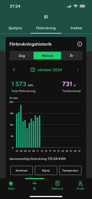 Skärmdump av app som visar elförbrukning för oktober 2024: 1573 kWh totalt, kostnad 731 kr. Graf med daglig förbrukning i kWh.