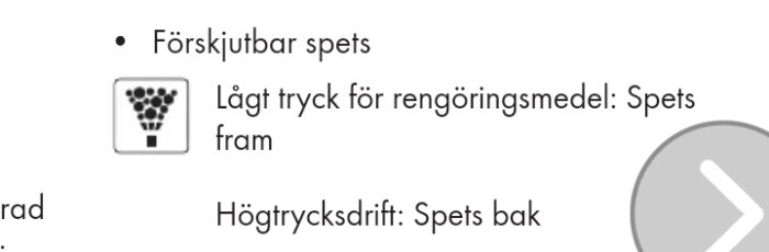 Text om justerbart munstycke visar symbol för lågt tryck för rengöringsmedel och högtrycksdrift med instruktioner.