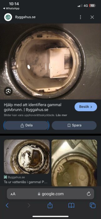 Närbild av en gammal golvbrunn insida med smuts och vattenrester i ringen, användare ber om hjälp att hitta rätt lock.