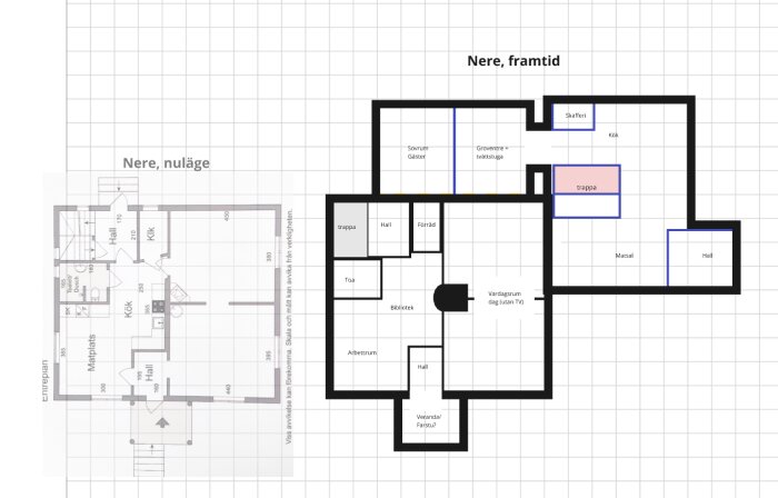 Planritning som jämför nuläge och framtid för nedre plan, visar rum som kök, bibliotek och trappa, samt övergripande disposition.