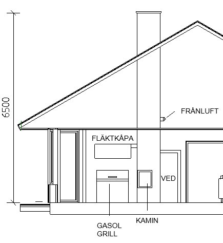 Ritning av ett hus med skorsten på 6,5 meter, visar kamin, vedförvaring, fläktkåpa, gasolgrill och frånluft, planerad innanför vägg.