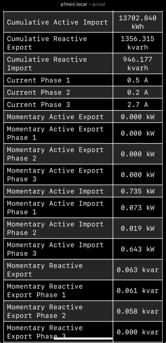 Skärmbild av elmätares data med information om aktiv och reaktiv import och export samt ström för olika faser (L1, L2, L3).