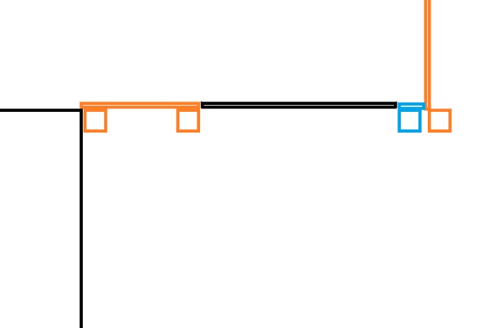 Ritning med svarta linjer och orange hörn. Ny blå placering av stolpe visas för stabilitet nära originalstolpe, vilket medför smalare dörr vid konstruktion.