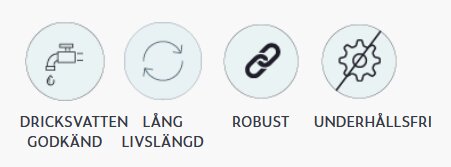 Ikoner med text: Dricksvatten godkänd, Lång livslängd, Robust, Underhållsfri.