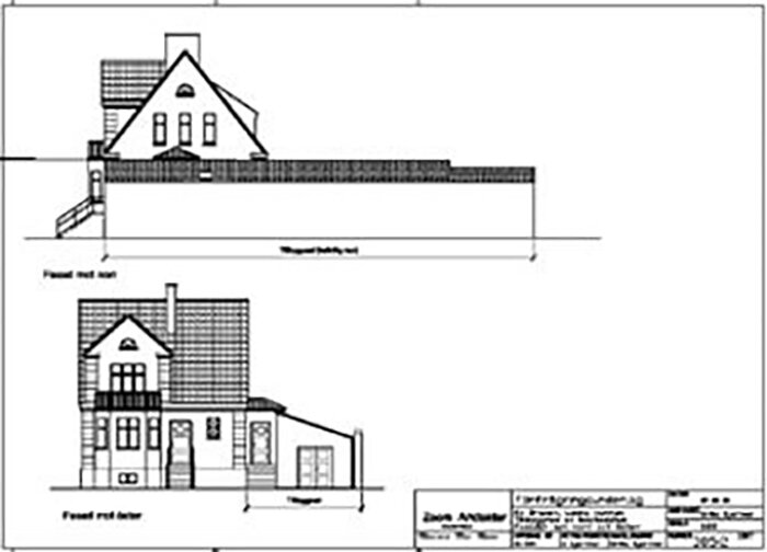 Arkitektritning av ett hus med en låg tillbyggnad i ett plan som bevarar det ursprungliga husets utseende.